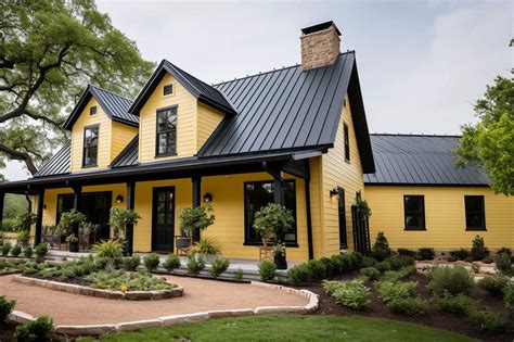 yellow house with metal roof|yellow house with charcoal roof.